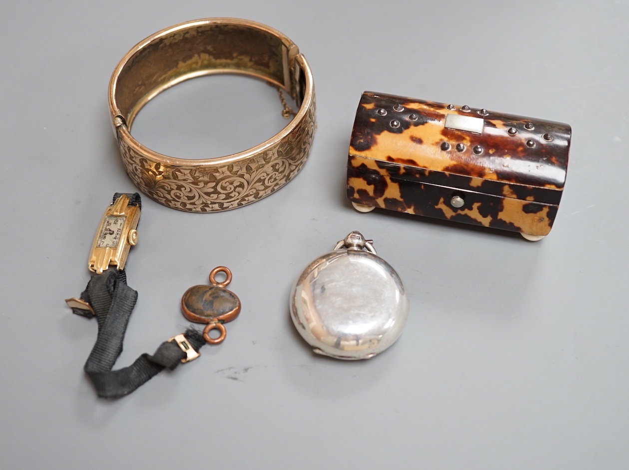 A group of mixed collectables including a George V silver sovereign case, a tortoiseshell small box, a gold plated bangle and a lady's small 18ct gold manual wind wrist watch, etc.